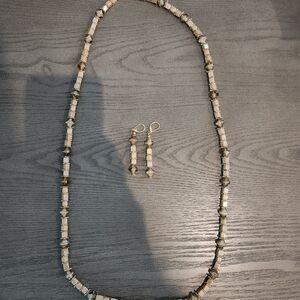 Elegant Gold and Tan Beaded Necklace and Earring Set